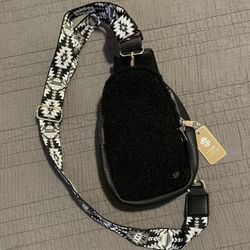 Simply Southern Black Fuzzy Leather Sling Purse with Aztec Pattern Strap