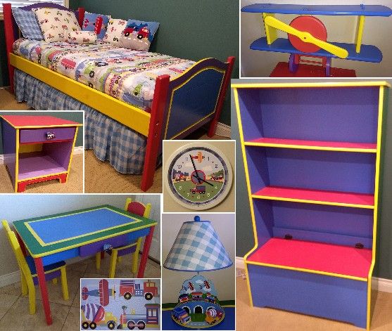 Bedroom Set. Hand Painted Wood matching Plane Train & Truck Design
