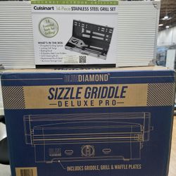 Brand New In Box Blue Diamond Sizzle Griddle Deluxe Pro Wirh 14 PC Stainless Steel Grill Set
