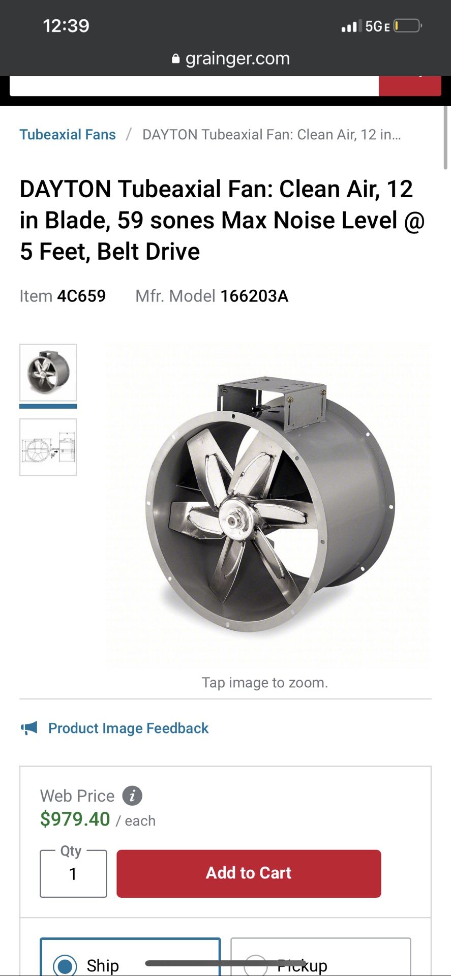 DAYTON Tubeaxial Fan: Clean Air, 12 in Blade, 59 sones Max Noise Level @ 5 Feet, Belt Drive