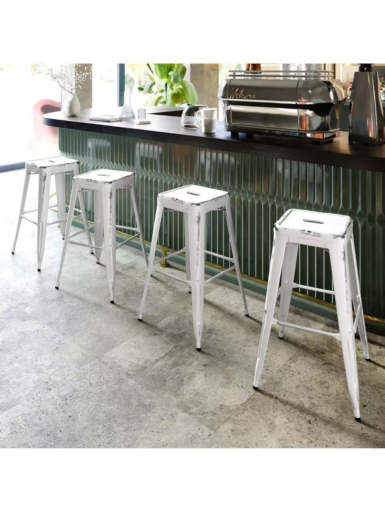 Commercial Grade 30" H Backless Distressed White Metal Indoor-Outdoor Barstool set of 4