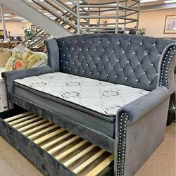 $10 Down Payment Finance ▪️Brand New ▪️Scarlett Grey Upholstered Twin Daybed With Trundle ▪️# Bed # Daybed # Sofa # Loveseat # Couch # Living Room Set