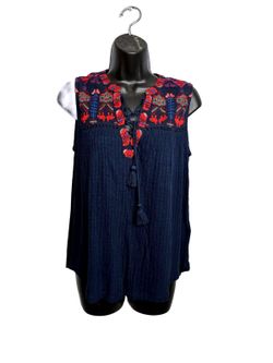 Lucky Brand Embroidered Sleeveless Navy Tunic Top Women's Small