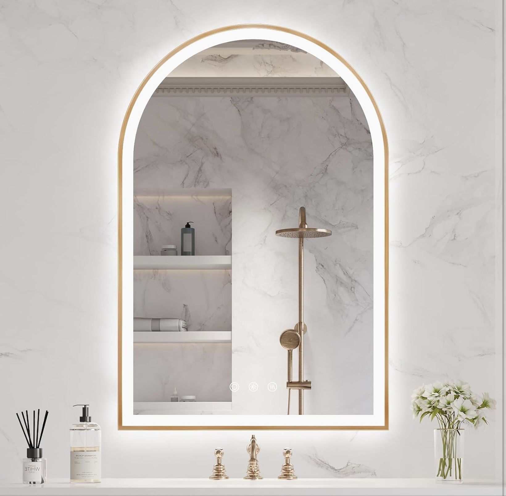 LED Bathroom Mirror 20"x30", Brass Gold Bathroom Mirror with Lights-Anti-Fog, Dimmable-LED Mirror for Bathroom,3 Colors