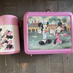 Vintage pink Mickey and Minnie Kids Lunchbox Set - Aladdin - Disney 
