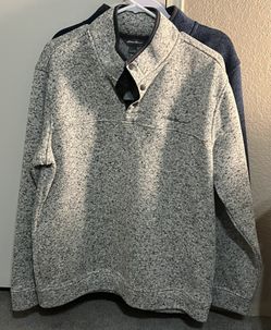 2 Eddie Bauer Men's Heavyweight Radiator Fleece Quarter Snap Pullover, Light Grey & Blue, Large 