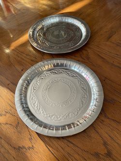 2 Round Metal Silver Colored Serving Trays or Platters