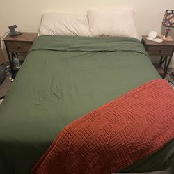 Full mattress, metal bed frame, and boxspring