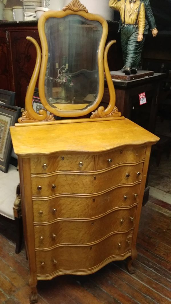Georgous Double Serpentine Antique Birds Eye Maple Wood Highboy