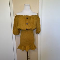 Zara Mustard Yellow Off the Shoulder Ruched Linen Bodycon Mini Dress Small
