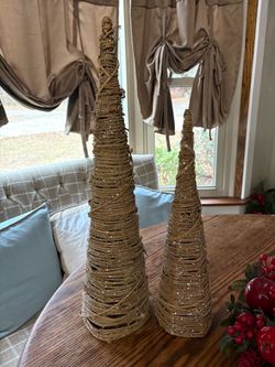 Set of two glittered grapevine/rattan cone Christmas trees