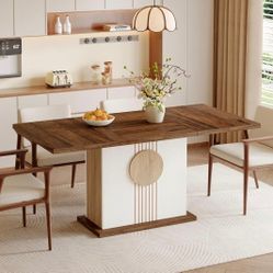 55-Inch Dining Table for 4 to 6 People, Farmhouse Rectangular Dinner Table, Large Wooden Kitchen Furniture for Home, Dining Room, Oak Brown & White