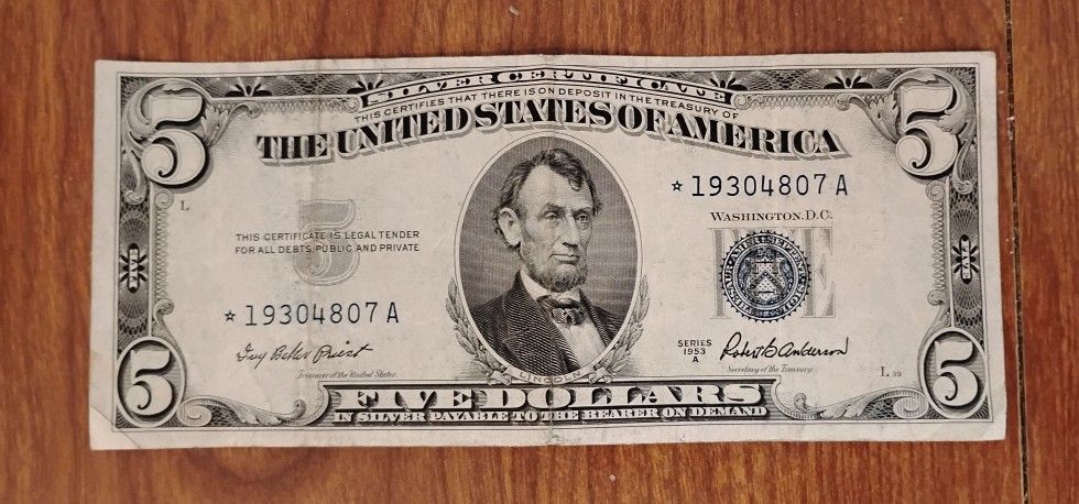 USA America 1953 Star note $5 Dollars Silver Certificate Bill Banknote Currency