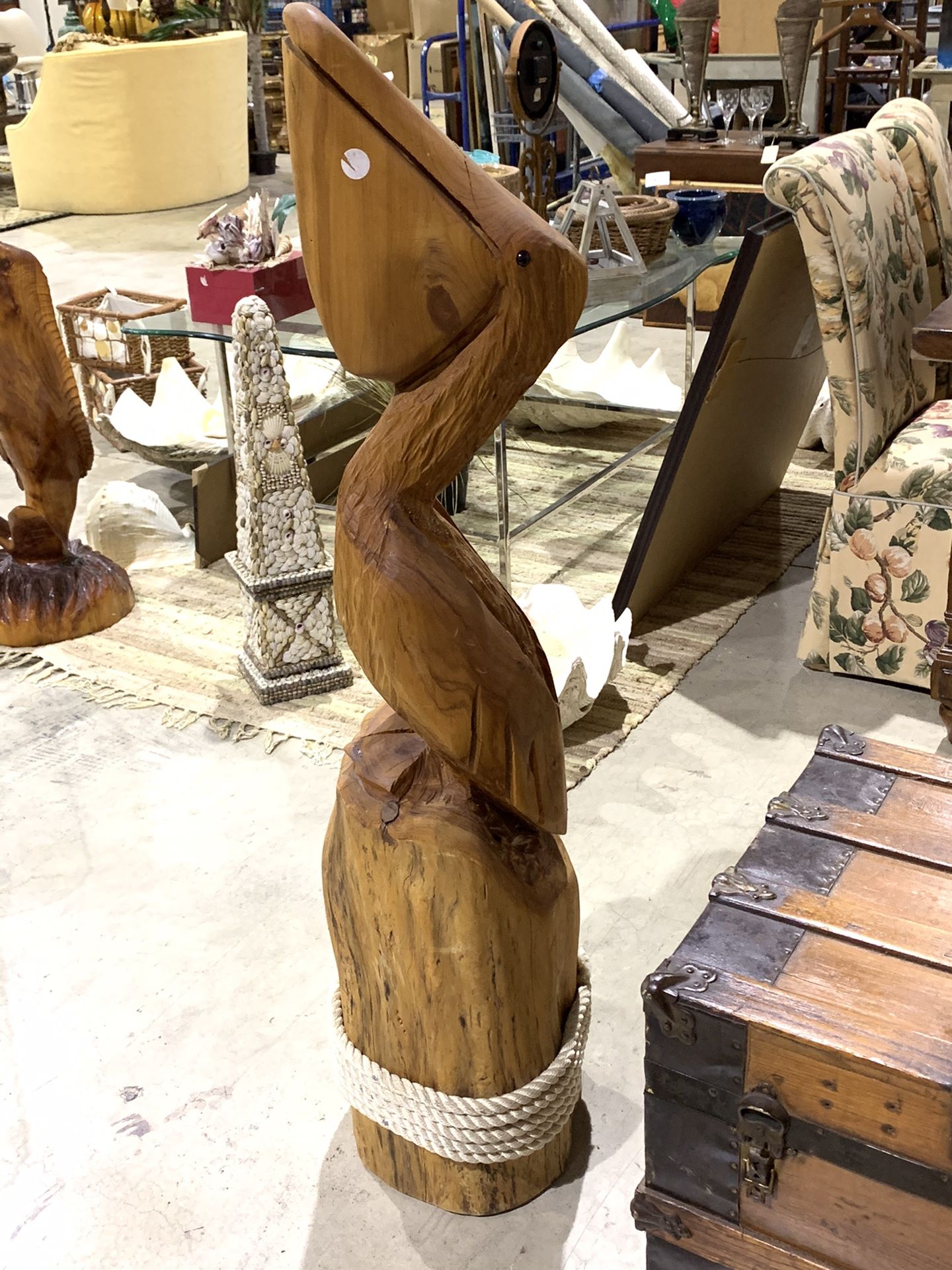 Decorative Tall Carved Wood Pelican Sculpture on Log Stand - See measurements