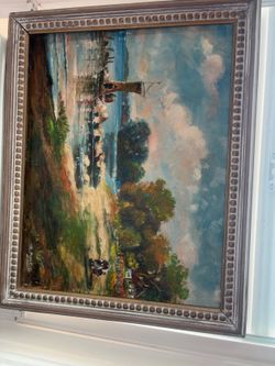 Vintage Original Oil Painting – Framed Coastal Harbor Scene