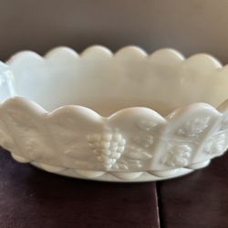 White Milk Glass Vintage Collectible Oval Dish With Grapes 