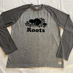 Men Roots Crew Neck Sweatshirt Top Pullover Shirt Long Sleeve Tee Grey Logo sz L