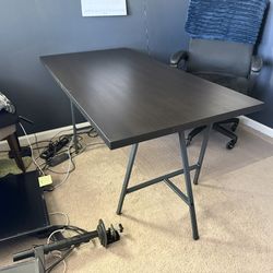 Custom IKEA LINNMON Black-Brown Desk w/ Metal Trestle Legs – Sturdy Gravity Setup, Like New!