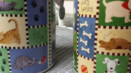 Pair of Cat and Dog treat food canisters.