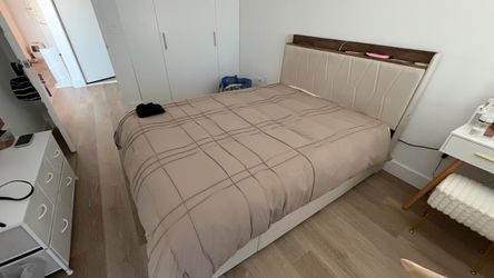 Queen Bed Frame with Upholstered Headboard