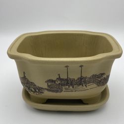 Mini Japanese Bonsai Tree Clay Pot Art Shape Miniature Tree Pot 3”T x 4.75”W w/Under Plate 