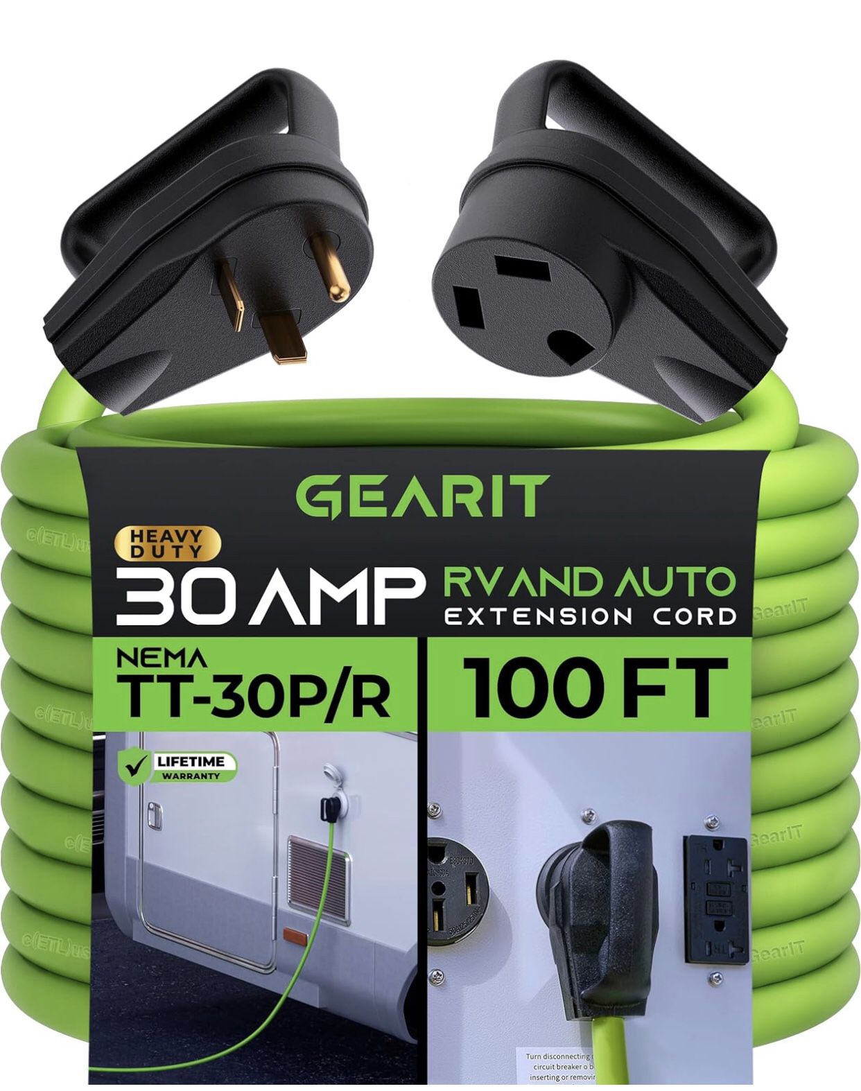 NEW! GearIT 30-Amp Extension Cord for RV and Auto, (100-Feet) 3-Prong 250-Volt 10/3 STW 10AWG Gauge