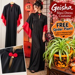 Geisha girl black maxi midi long dress Halloween Costume + Free 4" Spider plant red Trim sleeves
