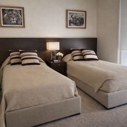 Luxury Custom-Made Twin Beds + Matching Wood Headboard Wall Panel