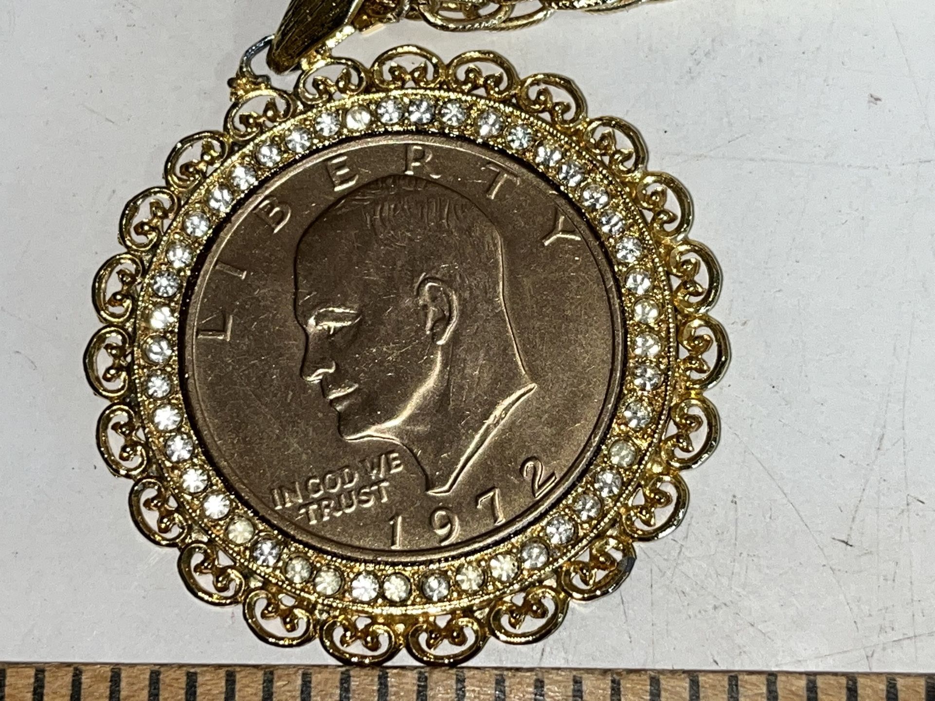 1972 Eisenhower Dollar Coin Pendant Necklace Gold Tone Rope Chain WLP Setting