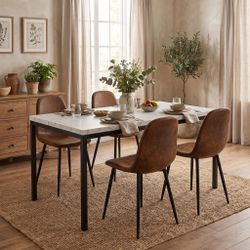 Homy Casa CAJON 150+CHARLTON 5-Piece Dining Set 59" White Marble Table and 4 Brown Suede Chairs Open Box