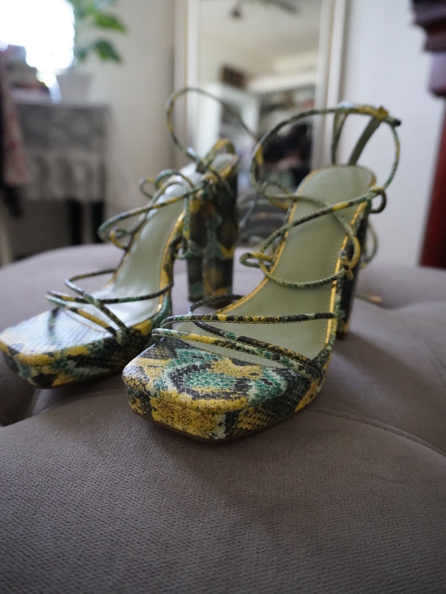 Green Snake Strap Block heels