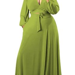 Plus Size Women's 2 Piece Outfits Casual Long Sleeve Wrap Crop Top Maxi Long Dress Flowy Matching Sets