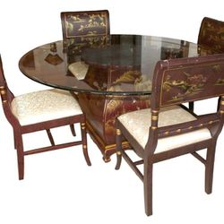 Amazing Hand Painted Chinese Glass Top Table with 6 Chairs Table 60"x30" - Chairs 19"x21"x38"