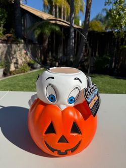 9” Vintage 1995 Casper The Friendly Ghost Pumpkin Jack-o’-lantern Halloween Pail Blow Mold Candy Pail Halloween Home Decor