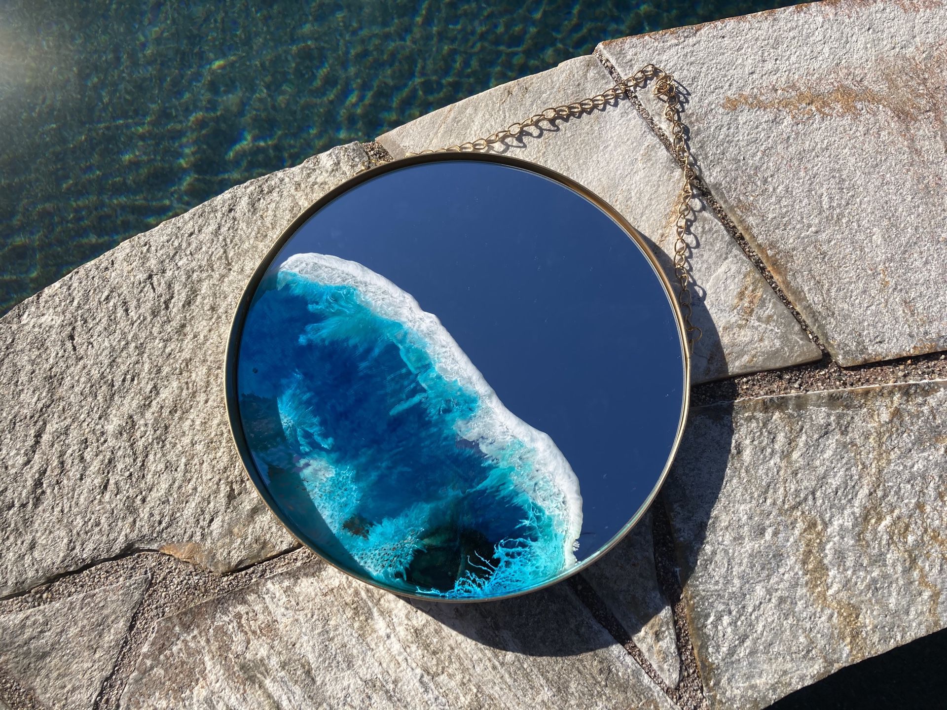 Ocean wave 10” vintage gold metallic mirror, handmade home decor, ocean wave art