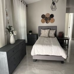 Twin Bed Frame, Drawers, and Side Table