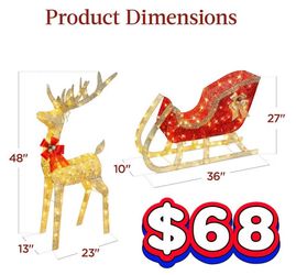 😀 Lighted Christmas 4ft Reindeer & Sleigh Holiday Outdoor Yard Decoration Set w/ 205 LED Lights, Stakes, Zip Ties - Gold