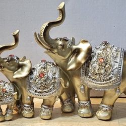 GOLD ELEPHANT FAMILY TRUNK UP GOOD LUCK FORTUNE POWER ANIMAL FIGURINE STATUE