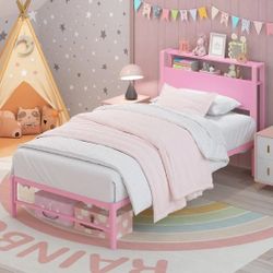 Twin Bed Frames for Kids with 2 Tiers Wood Storage Shelves Headboard, Twin Size Bed No Box Spring Needed Easy Assembly Metal Platform for Girls and Ad