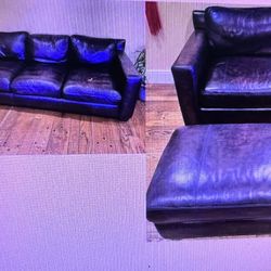 3 Pieces Set Used Leather Loveseat Sofa W Ottoman 5 Seating