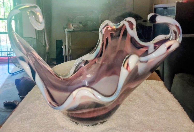 Large Murano Glass Lavender White Swirl Bowl 12" Long 8.6" Tall Vintage 1970s