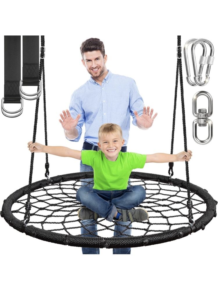 New 48'' Spider Web Tree Swing Round Net Swing Platform Rope Swing Set for Kids Adult, 71" Detachable Nylon Rope with Swivel for Outdoor Backyard, Max