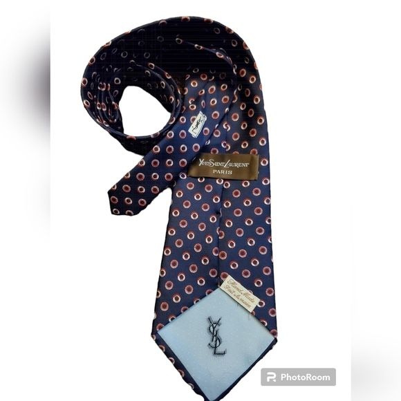 YVES SAINT LAURENT Paris VINTAGE Silk Tie, blue red cream Polka Dots