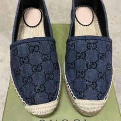 GUCCI GG MONOGRAM CRYSTAL-EMBELLISHED BLUE DENIM ESPADRILLES FLATS SZ 36 NEW