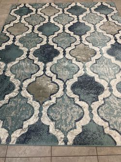 Teal and Cream Moroccan Trellis Area Rug - E48 - 8x10 feet