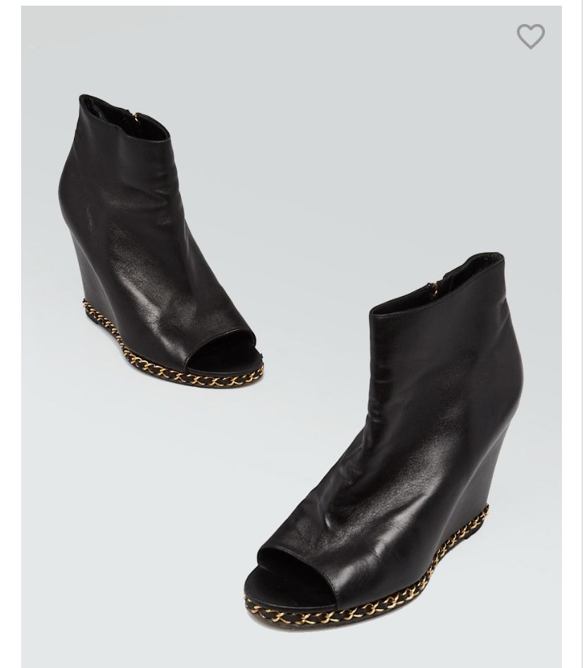 CHANEL Black Lambskin Leather And Chain Open-Toe Wedge Booties