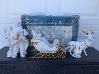 Traditions Porcelain Santa with Sleigh and Reindeer