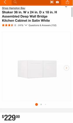 Hampton Bay. Shaker 36 in. W x 24 in. D x 18 in. H Assembled Deep Wall Bridge Kitchen Cabinet satin