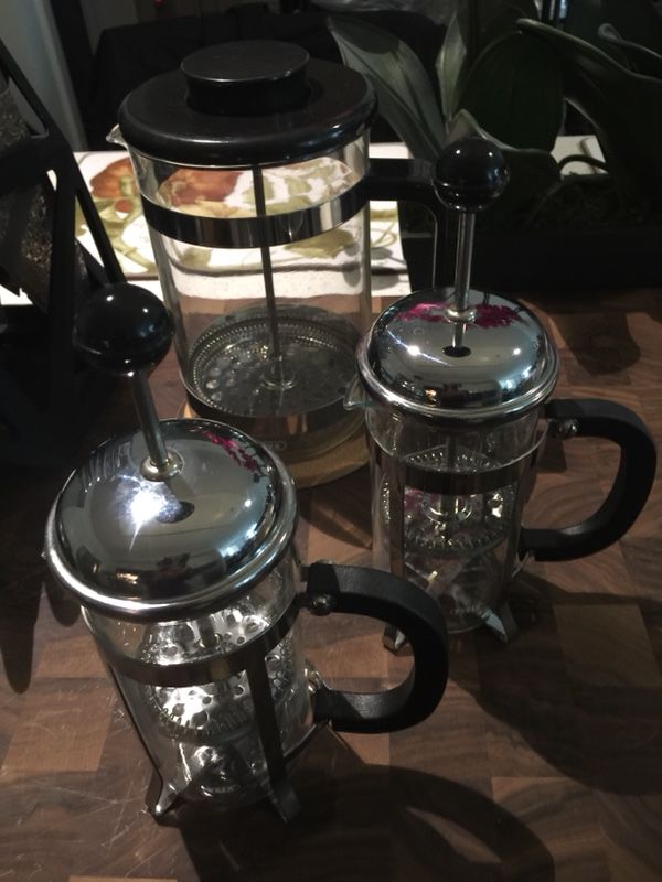 New Set of 2 3-Cup French Presses (Stainless, Pyrex, and Black Handles)
