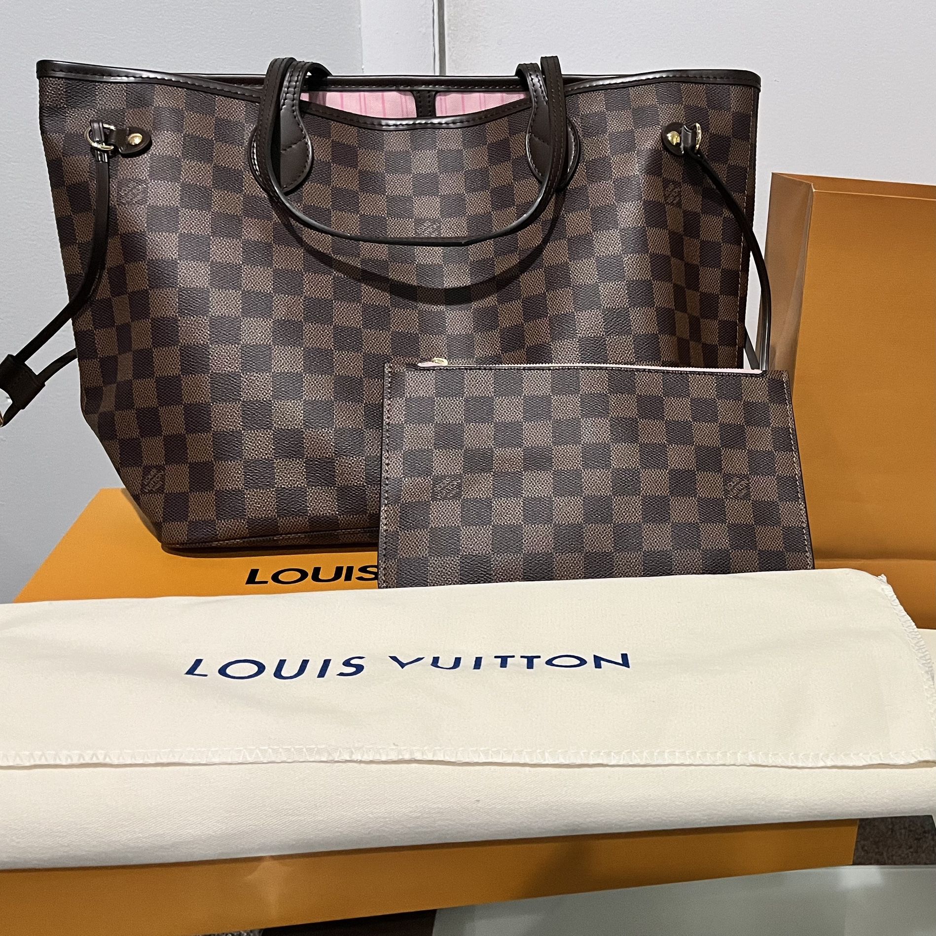 Louis Vuitton bag Neverfull MM checkered ebony, pink ballerina